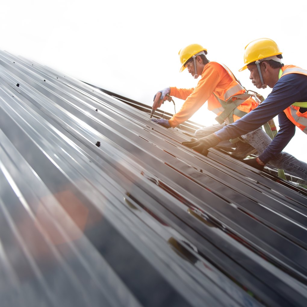 Roofing experts fixing metal roof