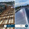 Before and after roof installation showing exposed wooden frame and completed metal roofing.