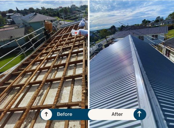 Before and after roof installation showing exposed wooden frame and completed metal roofing.
