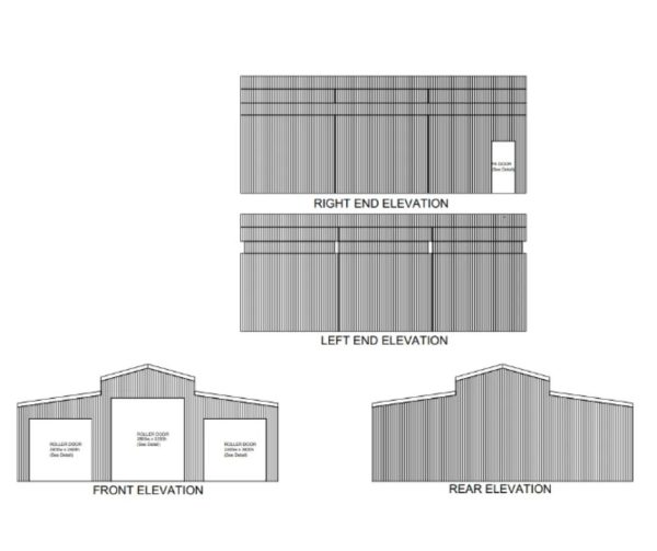 Architectural elevations showing front, rear, left, and right views of a garage structure with roller doors.