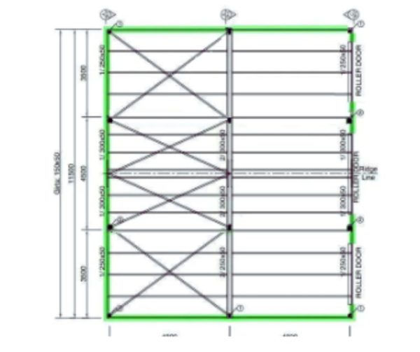 Structural drawing of a garage framework with dimensions and roller doors marked on the sides."
