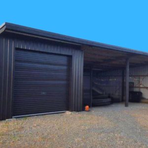 Metal-clad shed with a roller garage door.