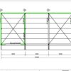 Building frame diagram with roller doors and green beams.