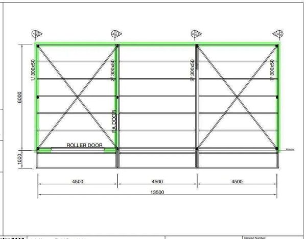 Building frame diagram with roller doors and green beams.