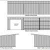 Technical drawing showcasing front, rear, and side elevations of a modern shed design
