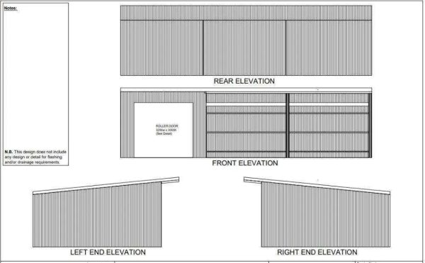 Technical drawing showcasing front, rear, and side elevations of a modern shed design
