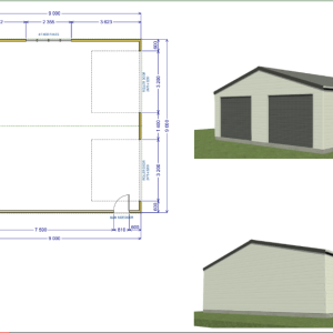 A 3D rendering and floor plan of a kitset garage