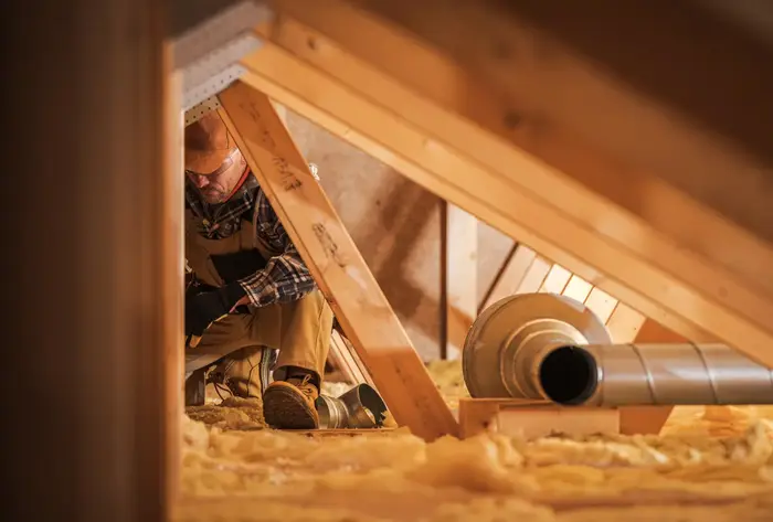 Worker inspecting an attic with exposed wooden beams and ventilation ducts.