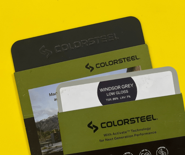 Colorsteel samples featuring Windsor Grey low gloss color with TSR and LRV details.