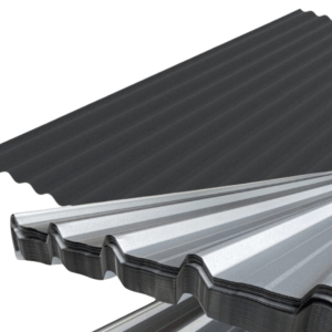 Corrugated metal roofing sheets in black and silver.