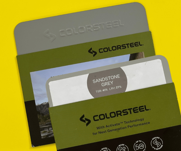Colorsteel samples featuring Sandstone Grey color with TSR and LRV details.