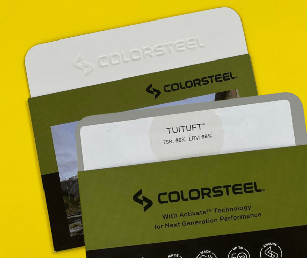Colorsteel samples featuring TuiTuft® color with TSR and LRV details.